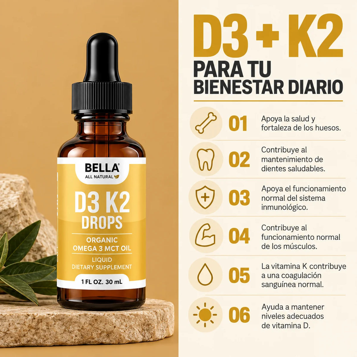 Bella All Natural® D3 + K2 Organic Omega 3 en gotas