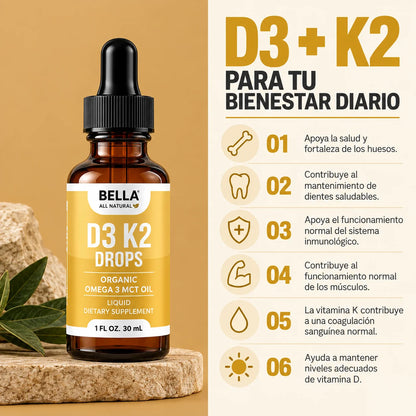 Bella All Natural® D3 + K2 Organic Omega 3 en gotas