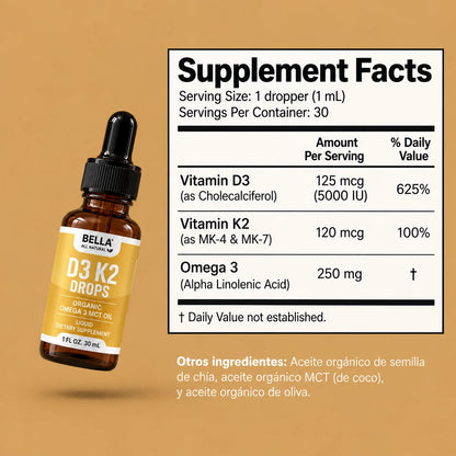 Bella All Natural® D3 + K2 Organic Omega 3 en gotas