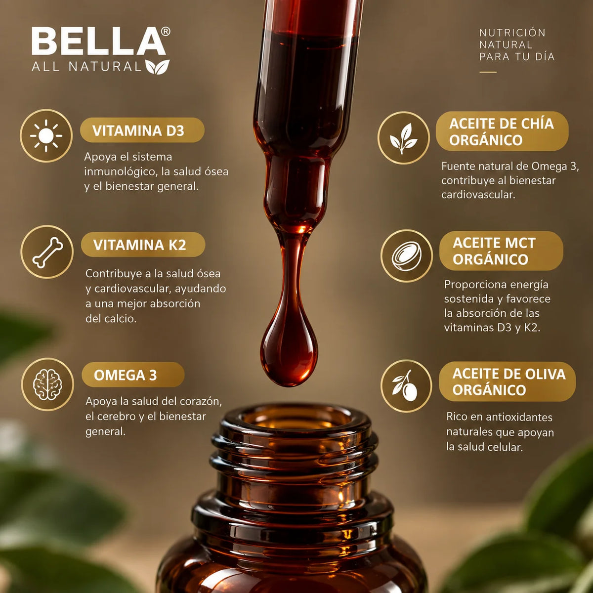 Bella All Natural® D3 + K2 Organic Omega 3 en gotas
